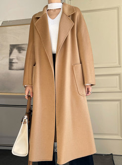 Womens Large Lapels Wool Belted Dual Pocket Long Coats