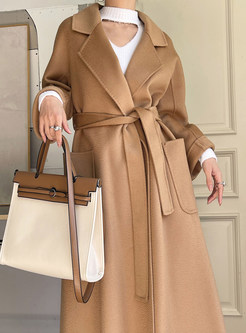 Womens Large Lapels Wool Belted Dual Pocket Long Coats