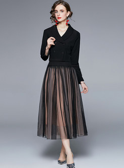 Vintage Cropped Tight Blazers & Mesh Flutter Mid Length Skirts