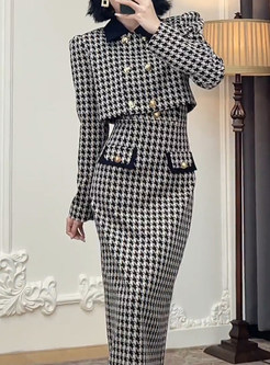 Vintage Houndstooth Double-Breasted Coats & Tight Slip Dresses