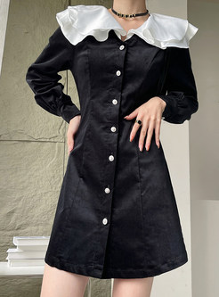 Vintage Ruffle Neckline Single-Breasted Little Black Dresses