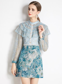 Glamorous Mock Neck Frill Trim Lace Splicing Mini Dresses