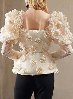 Cute Puff Sleeve Flower Decor Single-Breasted Dressy Tops For Women