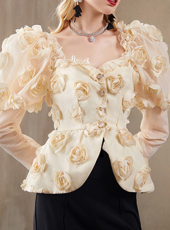 Cute Puff Sleeve Flower Decor Single-Breasted Dressy Tops For Women