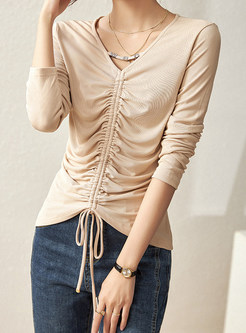 V-Neck Fitted Draw Front Women Tops
