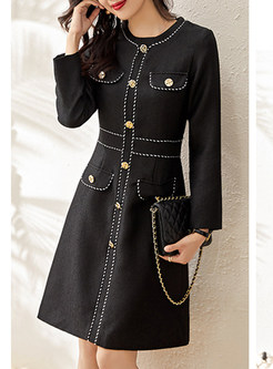 Fashion Crewneck Contrasting Metal Button Little Black Dresses