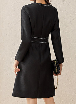 Fashion Crewneck Contrasting Metal Button Little Black Dresses