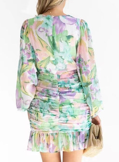 V-Neck Blurred Floral Shirred Waist Mini Dresses