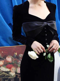 Square Neck Bow-Embellished Single-Breasted Velvet Sheath Dresses