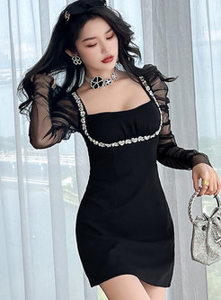 Glamorous Lace Splicing Puff Sleeve Little Black Dresses
