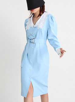Lace Collar Single-Breasted Puff Sleeve Office Dresses
