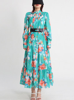 Vintage Mockneck Lantern Sleeve Floral Print Maxi Dresses