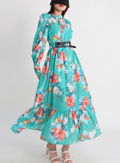 Vintage Mockneck Lantern Sleeve Floral Print Maxi Dresses