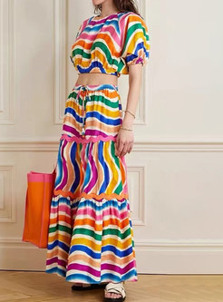 Fashion Sweet Colorful Striped Skirt Suits For Women