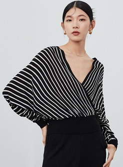 Slouchy Striped V-Neck Sweaters Women