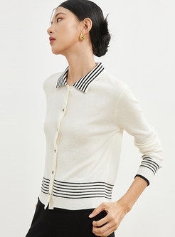 Turn-Down Collar Striped Contrasting Open Front Knitted For Women
