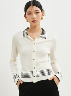 Turn-Down Collar Striped Contrasting Open Front Knitted For Women