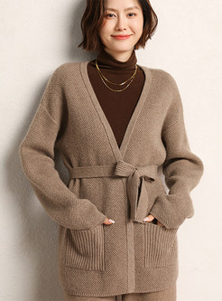 V-Neck Solid Color Tie Waist Open Front Knitted For Women