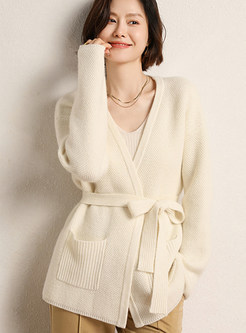 V-Neck Solid Color Tie Waist Open Front Knitted For Women
