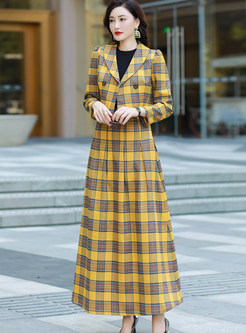 Vintage Plaid Turn-Down Collar Cropped Coats & Maxi Skirts