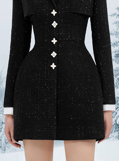 Pretty Contrasting Large Lapels Tweed Single-Breasted Skater Dresses