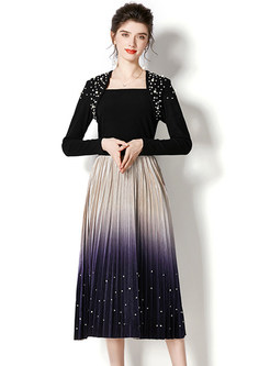 Vintage Small Embellished Gradient Pleated Skirt Outfits For Women
