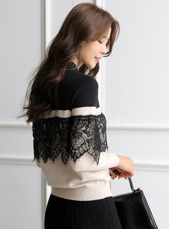 Glamorous Mockneck Water Soluble Lace Contrasting Knit Jumper For Women