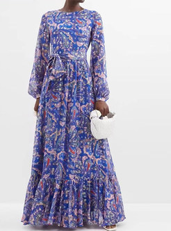 Glamorous Crewneck Belted Floral Print Swing Maxi Dresses