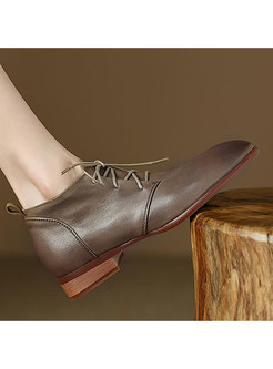 Elegant Round Toe Lace-Up Fastening Leather Womens Flat Shoes