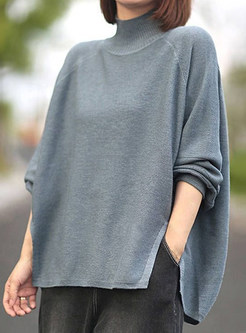 Mock Neck Casual Slouchy Ribbed Knitted Jumper For Women