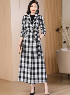 Plaid Mid-Gauge Double-Breasted Long Women's Coats