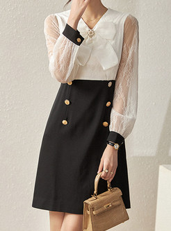 Elegant Bow-Embellished Transparent Contrasting Work Shift Dresses
