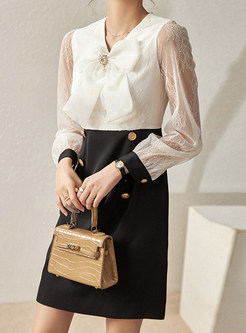 Elegant Bow-Embellished Transparent Contrasting Work Shift Dresses