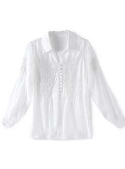 Turn-Down Collar Embroidered Loose White Blouses For Women