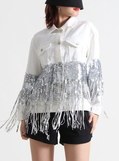Fashion Turn-Down Collar Fringes Splicing Denim Jackets For Women