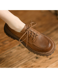 Round Toe Genuine Leather Lace-Up Fastening Platform Shoes For Women