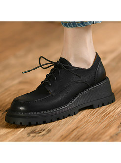 Round Toe Genuine Leather Lace-Up Fastening Platform Shoes For Women