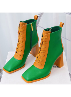 Fashion Colorblock Block Heel Ankle Lace-up Boots For Women