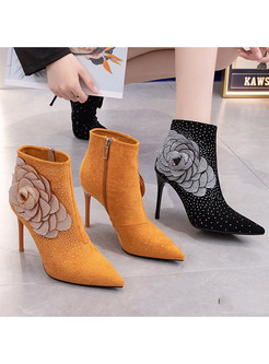 Pretty Pointed Toe Small Embellished Flower Decor Ankle Boots For Women