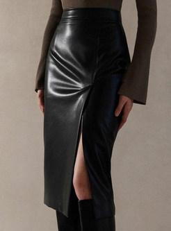 Fantasy Split Solid Color Bodycon Leather Skirts For Women