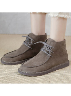 Round Toe Lace-Up Fastening Genuine Leather Womens Ankle Boots