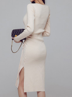 Elegant V-Neck Drawstring Tight Knitted Dresses