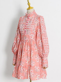 Vintage Mockneck Blouson Sleeve Ruffles Short Dresses