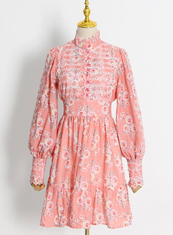 Vintage Mockneck Blouson Sleeve Ruffles Short Dresses
