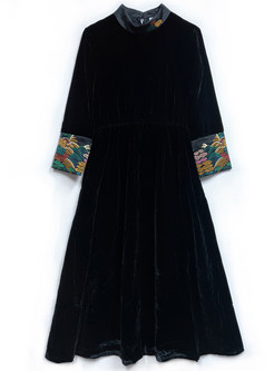Mockneck Embroidered Tie Waist Velvet Skater Dresses