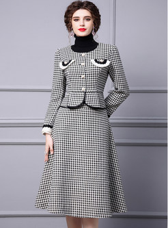 Crewneck Houndstooth Single-Breasted Office Skirt Outfits For Women