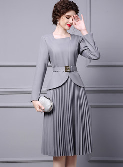 Classic Solid Color Square Neck Pleated Office Dresses