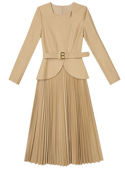 Classic Solid Color Square Neck Pleated Office Dresses