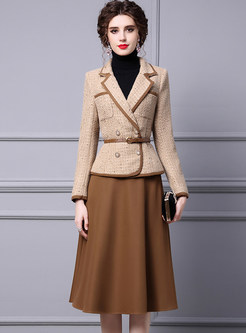 Dreamy Large Lapels Woolen Jackets & Solid Color Skirts For Women