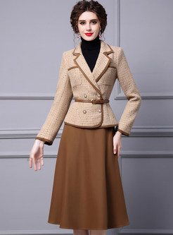 Dreamy Large Lapels Woolen Jackets & Solid Color Skirts For Women